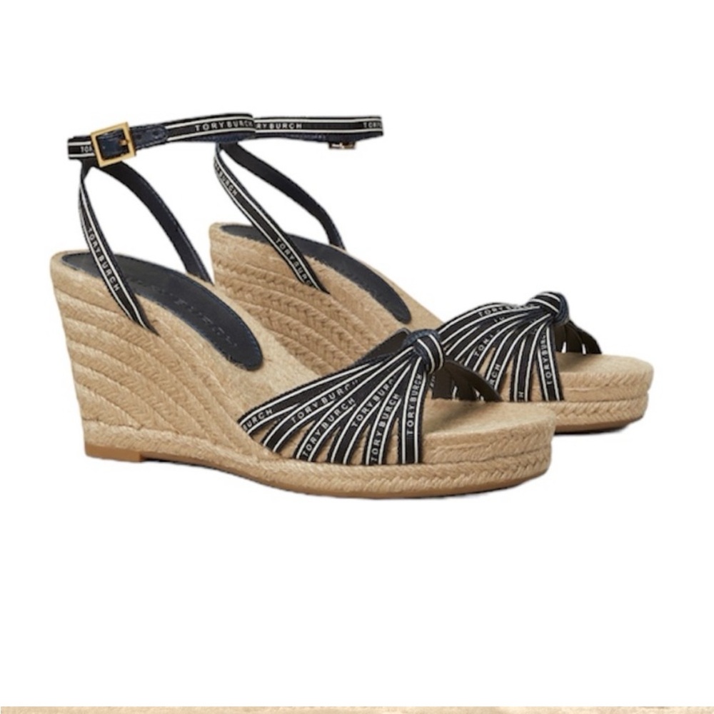 Tory Burch Graphic Ribbon Strappy Wedge
Espadrilles Sandals Navy Tan Size 7